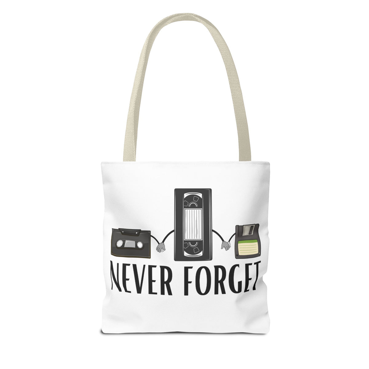 Retro Media 'Never Forget' Tote Bag — Vintage Cassette, VHS & Floppy Design