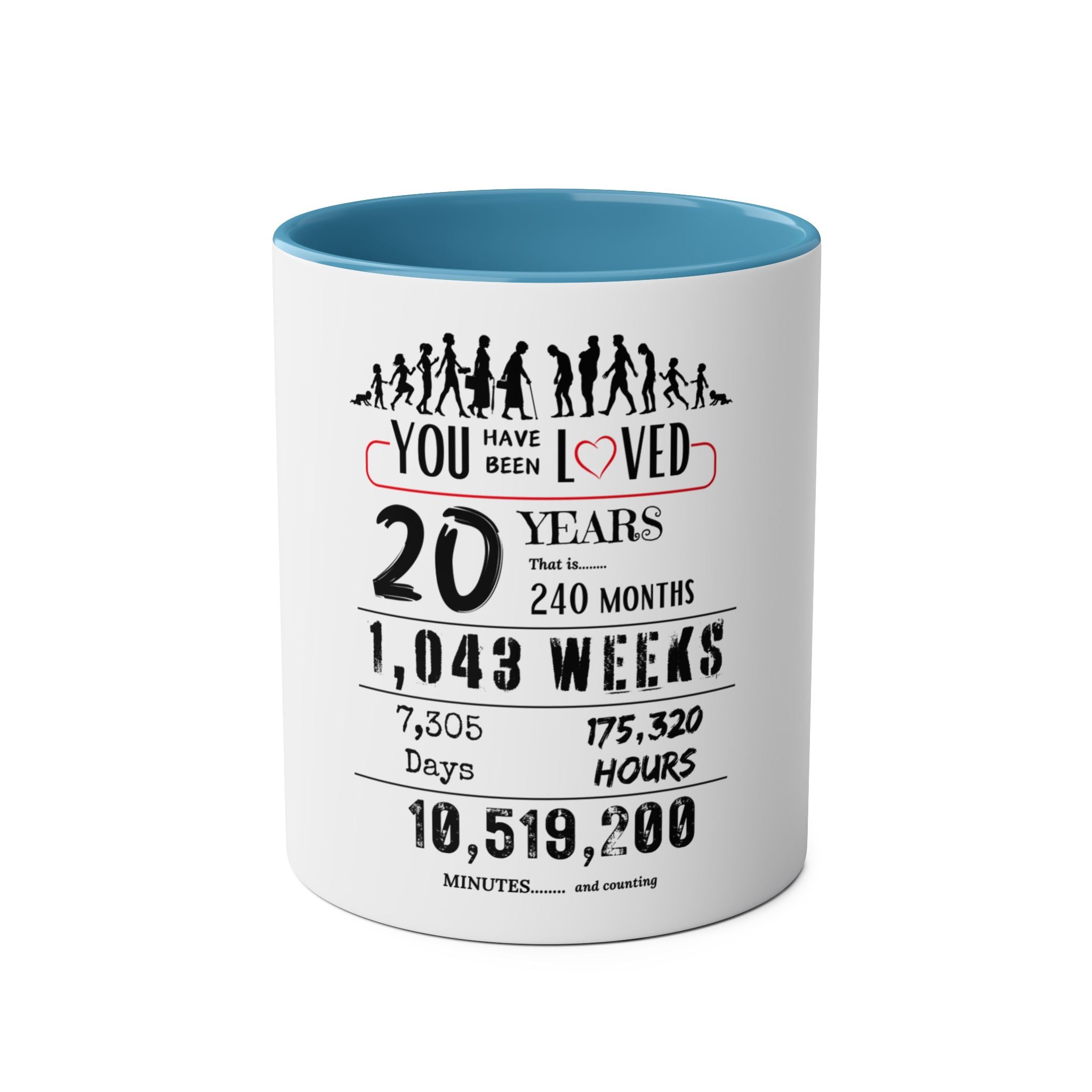 Happy 20th Birthday Gift, Mugs, 2 tone, Boys, Girls, Men, Women, Funny, Age, Facts, Years, Months, Weeks, Days, Hours, Minutes