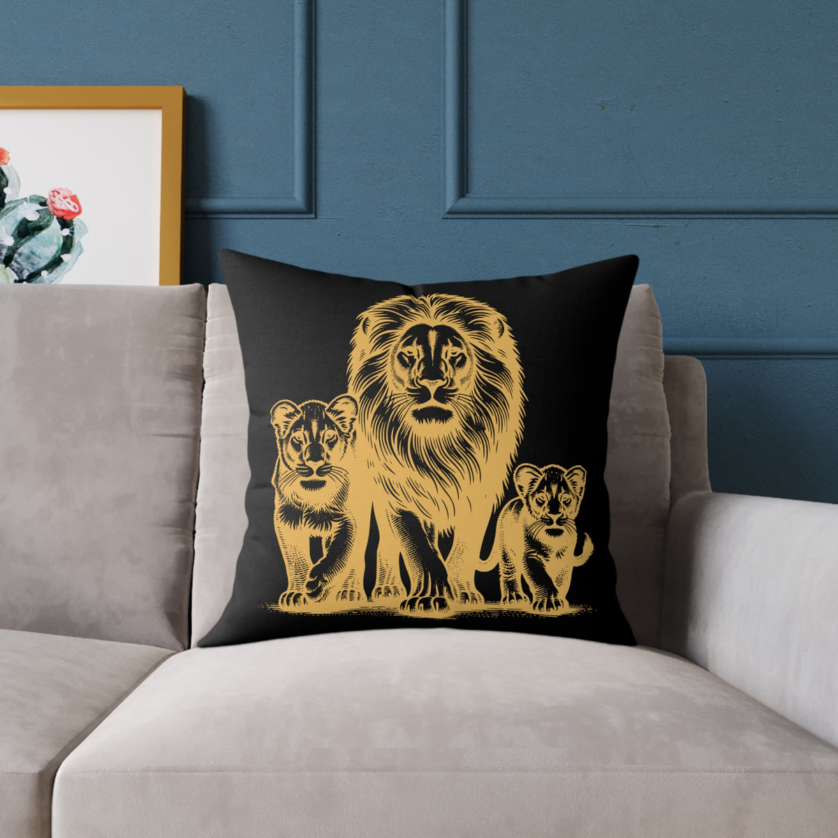 Lion Family Throw Pillow — Gold Safari Lion Cub Decorative Cushion