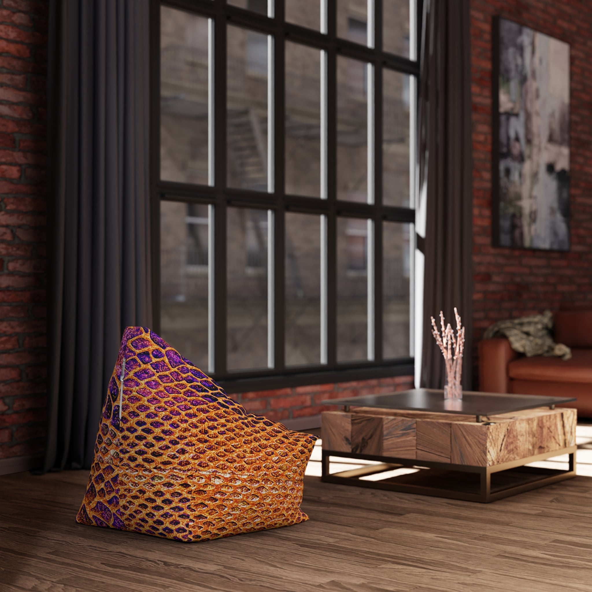 Snake Skin Print Bean Bag Cover — Vibrant Purple & Orange Accent Lounge