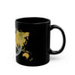 World Peace Earth Black Mug — Gold World Map with Peace Symbol (11oz/15oz)