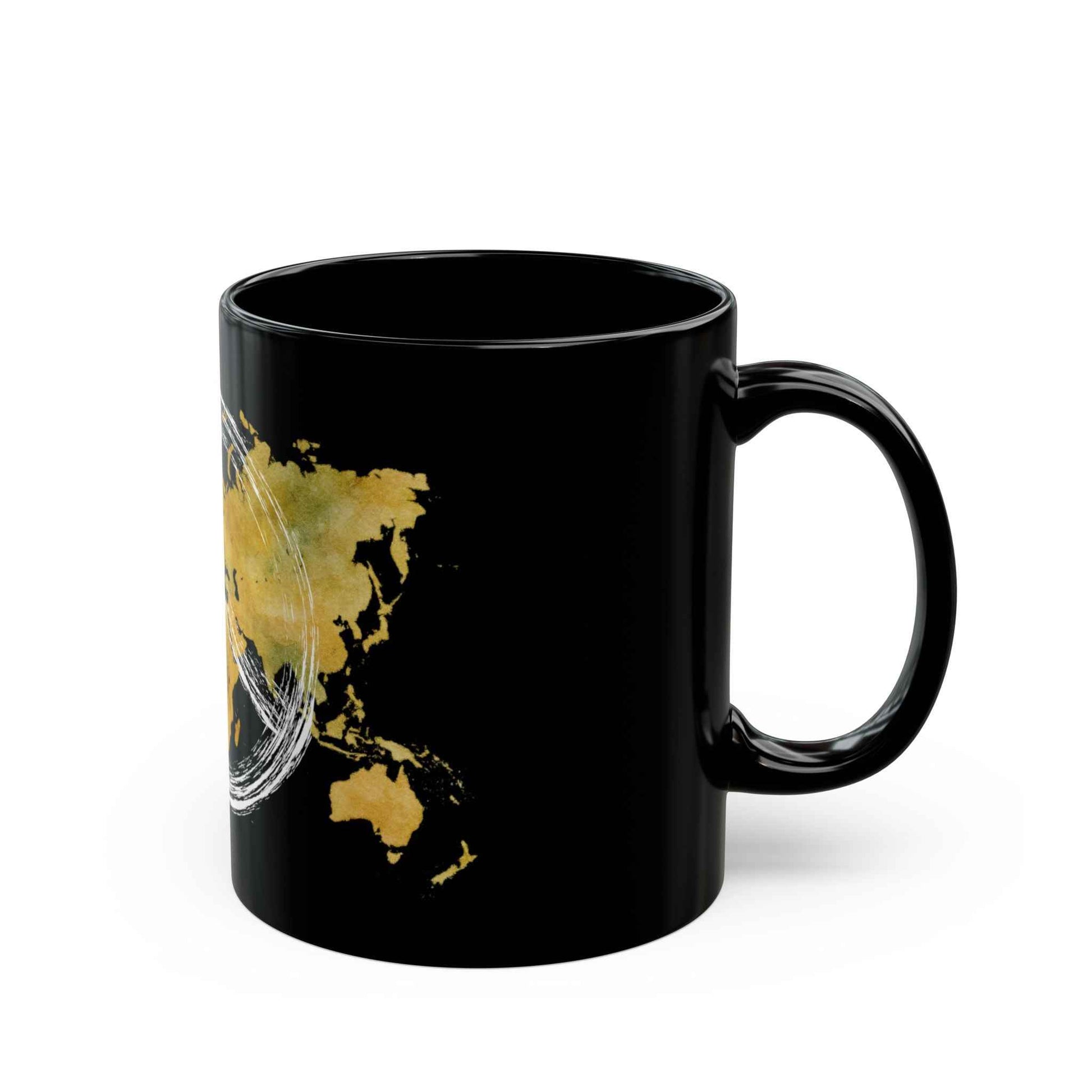 World Peace Earth Black Mug — Gold World Map with Peace Symbol (11oz/15oz)