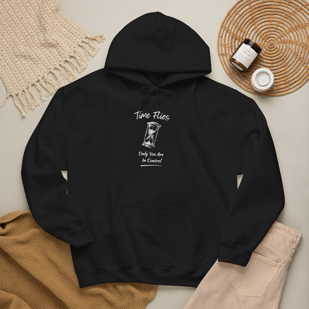 Time Flies Hoodie — "Only You Are in Control" Vintage Hourglass Pullover
