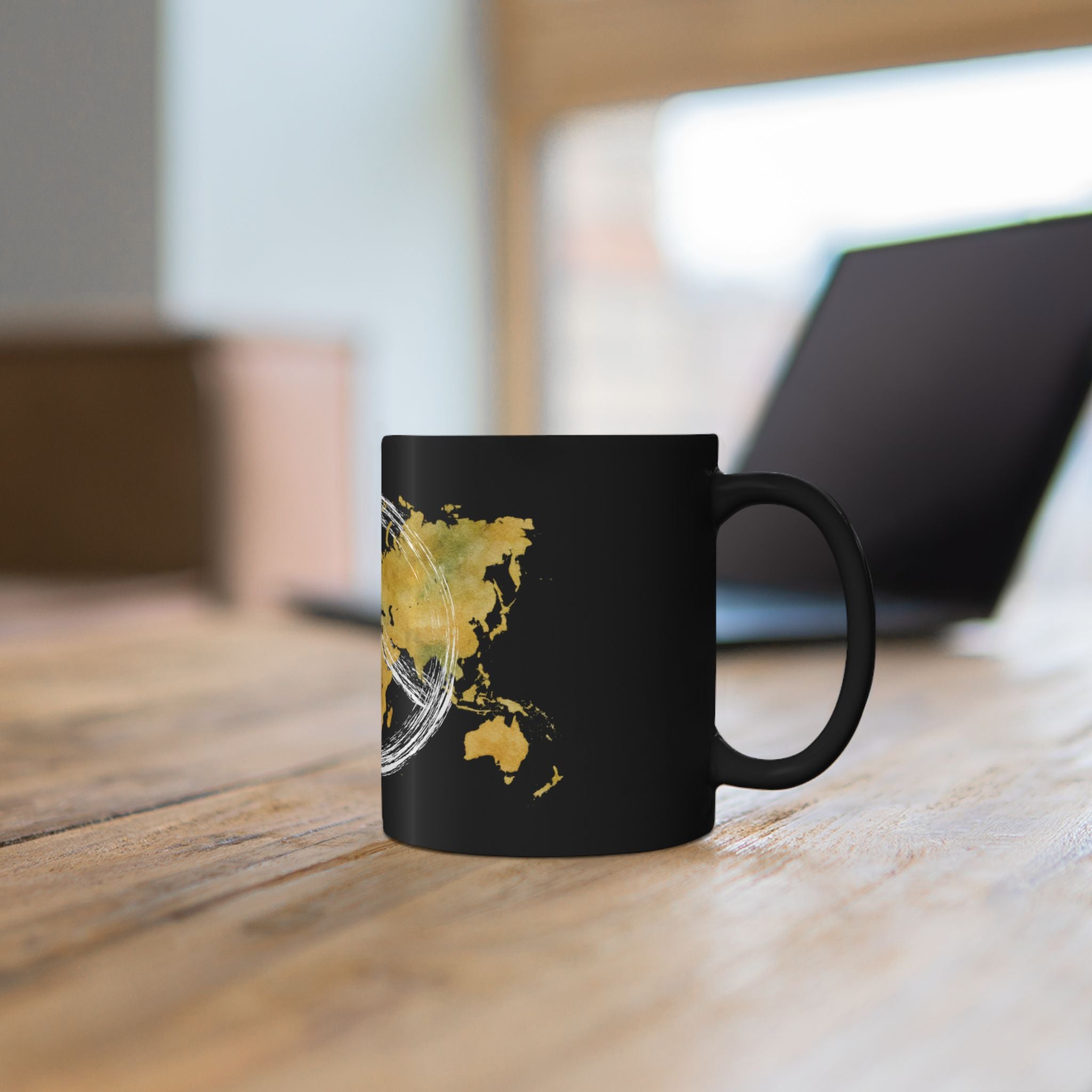 World Peace Earth Black Mug — Gold World Map with Peace Symbol (11oz/15oz)