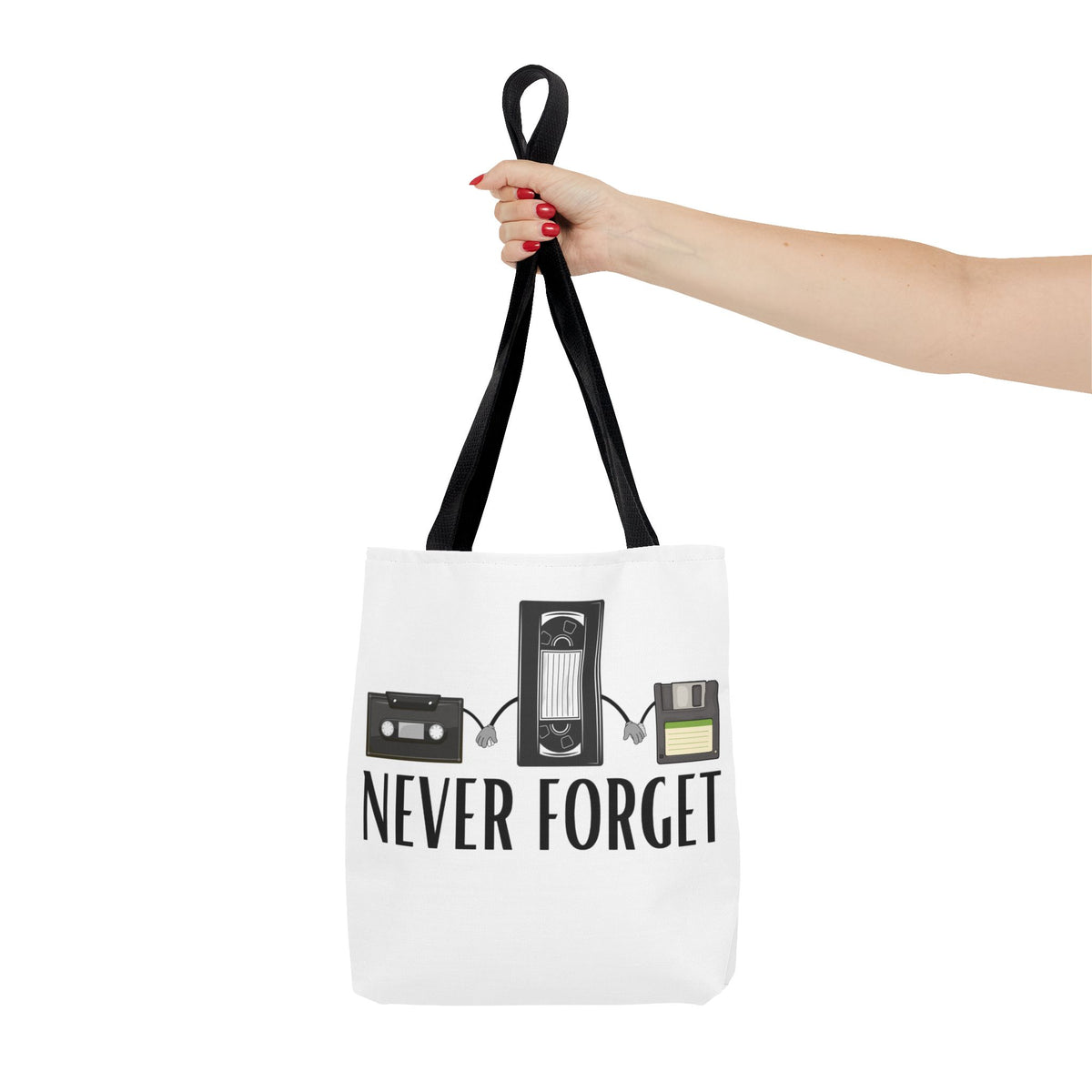 Retro Media 'Never Forget' Tote Bag — Vintage Cassette, VHS & Floppy Design