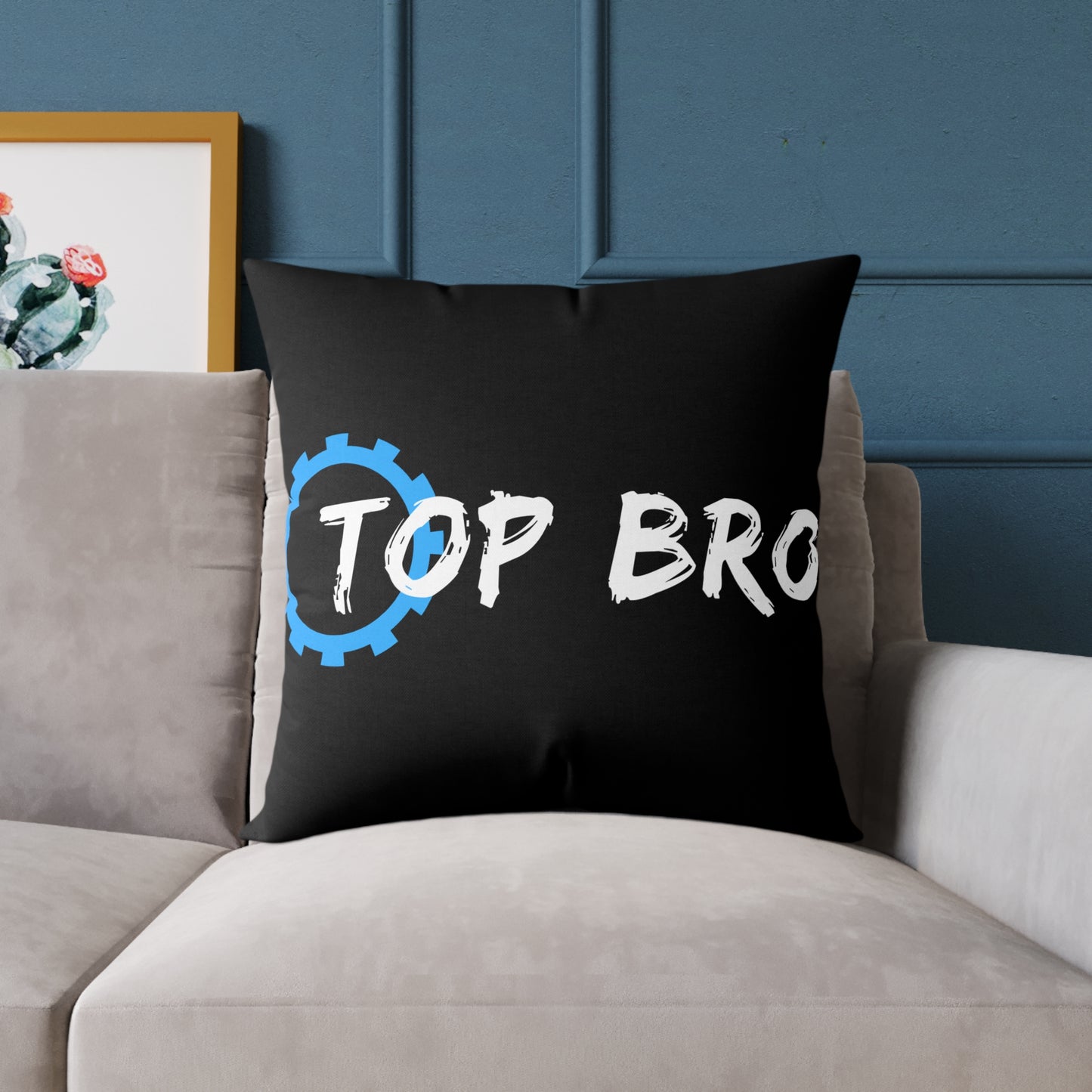 Top Bro Square Throw Pillow - Black Canvas Accent Cushion with Gear Logo