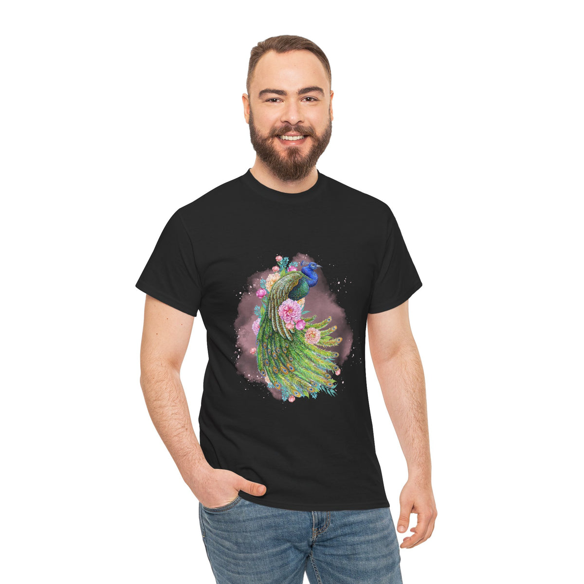 Peacock Floral Unisex Tee, Unique Animal Shirt, Nature Lover Gift, Casual Wear, Artful Graphic Tee - Conscience Garment