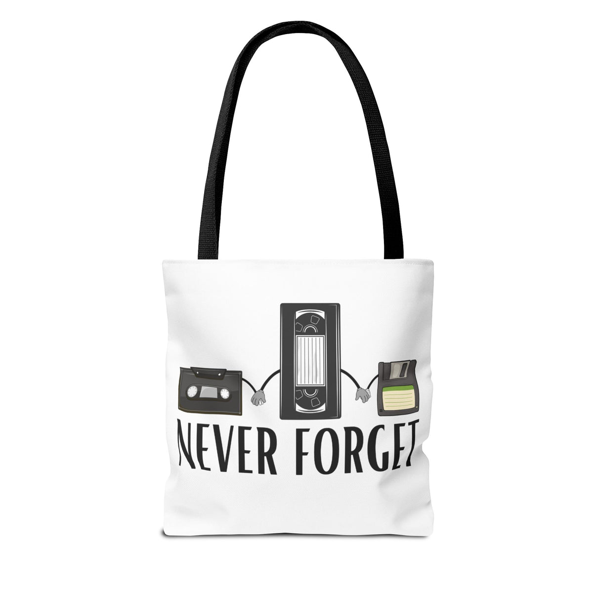 Retro Media 'Never Forget' Tote Bag — Vintage Cassette, VHS & Floppy Design