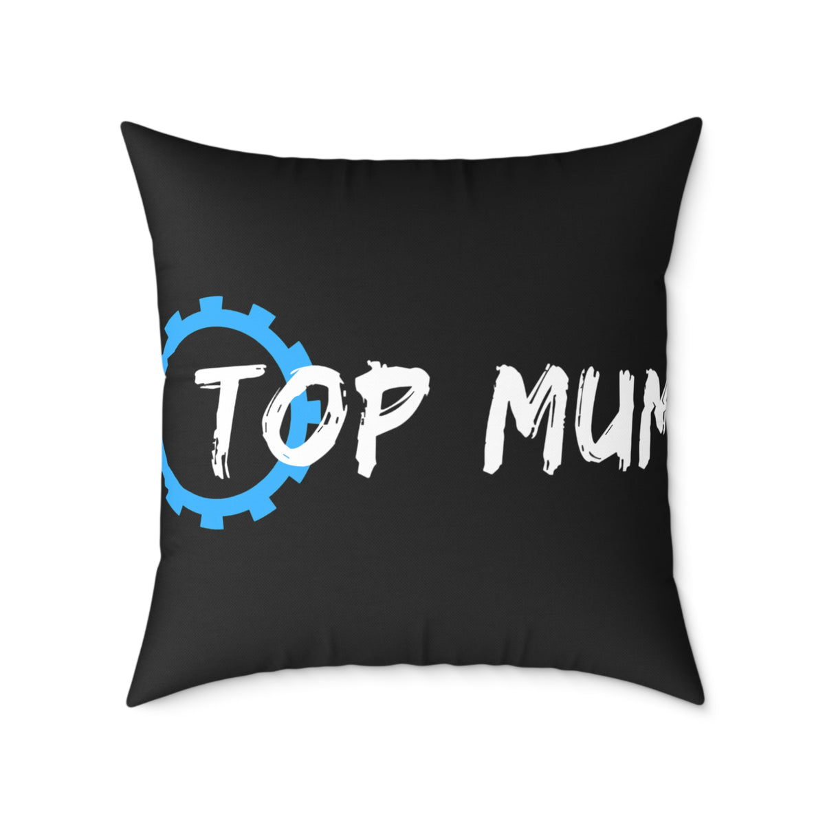 Top Mum Decorative Pillow – Black Square Accent Pillow with Blue Gear Logo