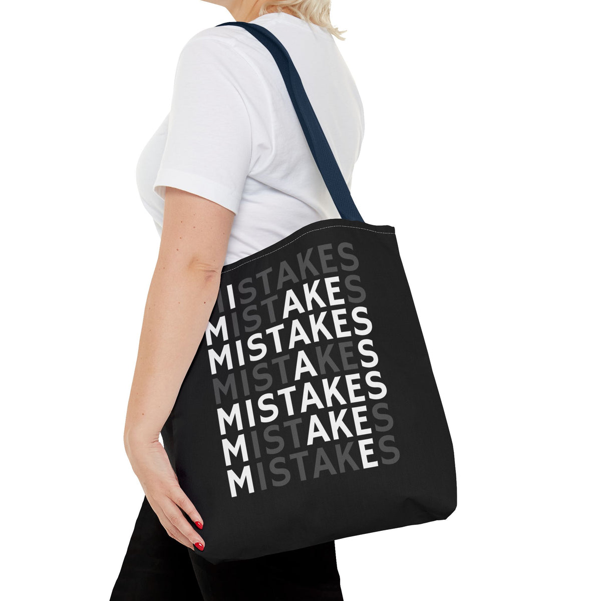 Mistakes Repeat Pattern Tote Bag — Black Typography Shopper