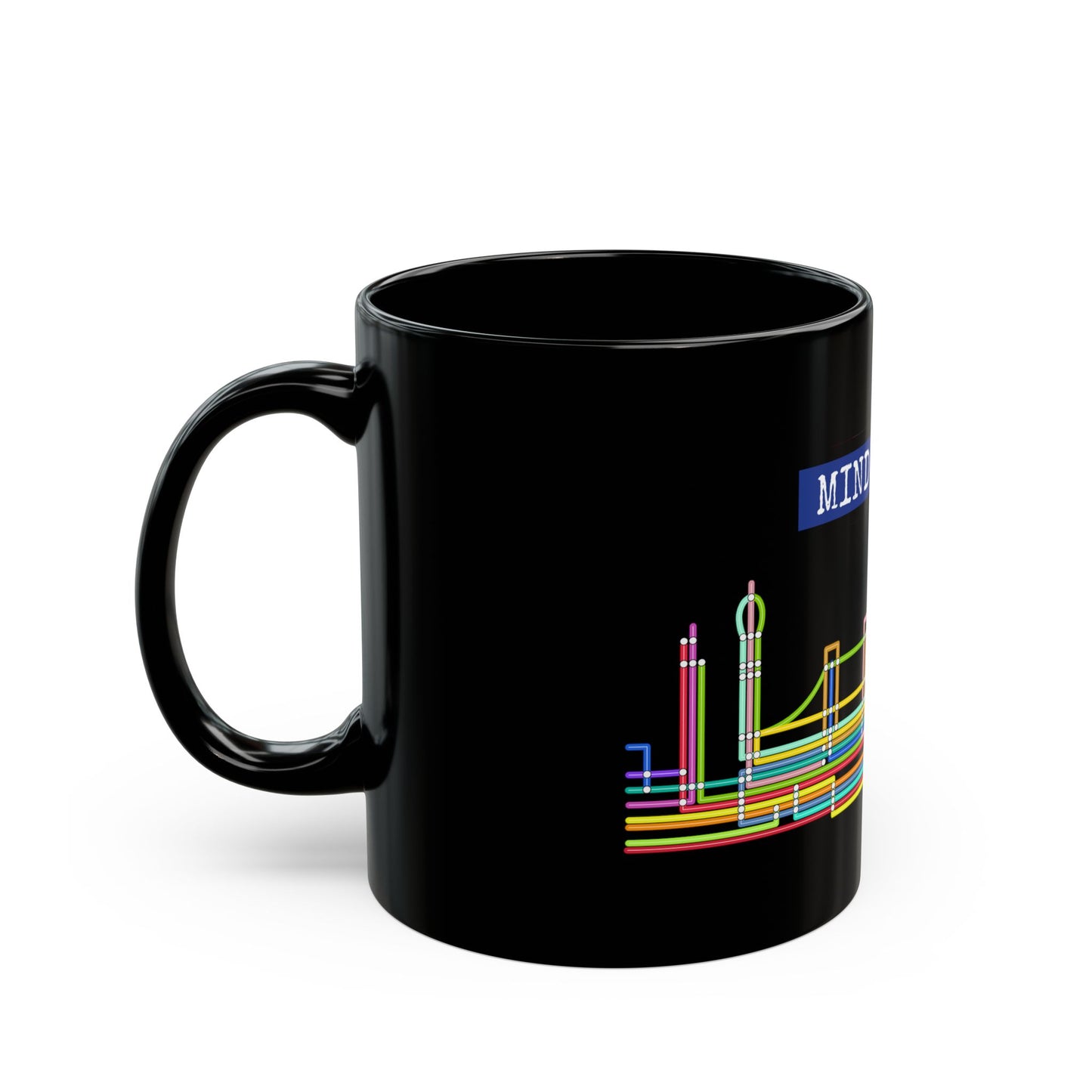 Mind The Gap Black Mug Neon City Skyline Coffee Cup (11oz & 15oz)