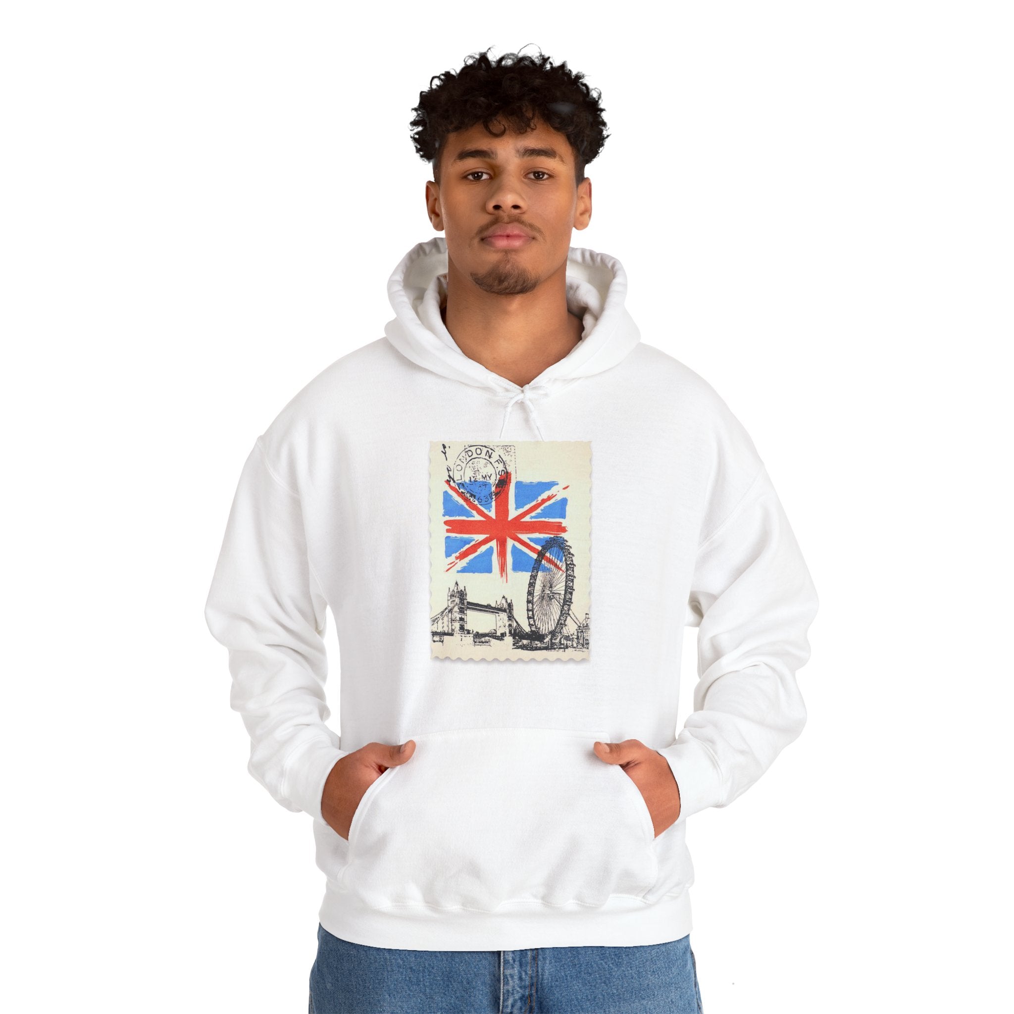 England Hoodie, Unisex,  White, UK, Stamp, British, Gift, Conscience Garment, London, Mindfulness, Inspiration, Black, White