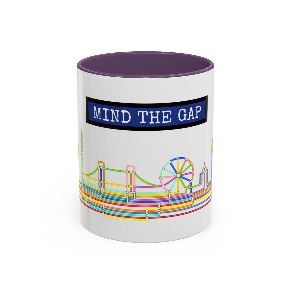 Mind the Gap Coffee Mug — Colorful City Skyline Accent Mug (11/15oz)