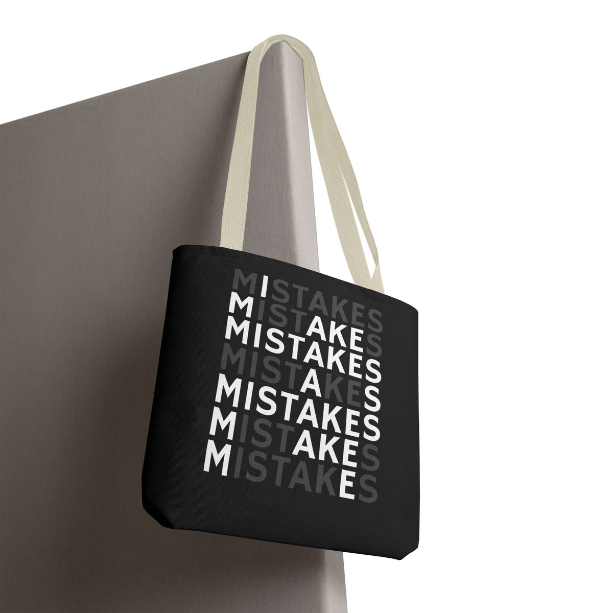 Mistakes Repeat Pattern Tote Bag — Black Typography Shopper