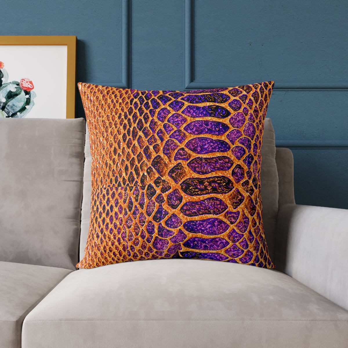 Snake Skin Pattern Square Pillow — Orange & Purple Decorative Throw Cushion