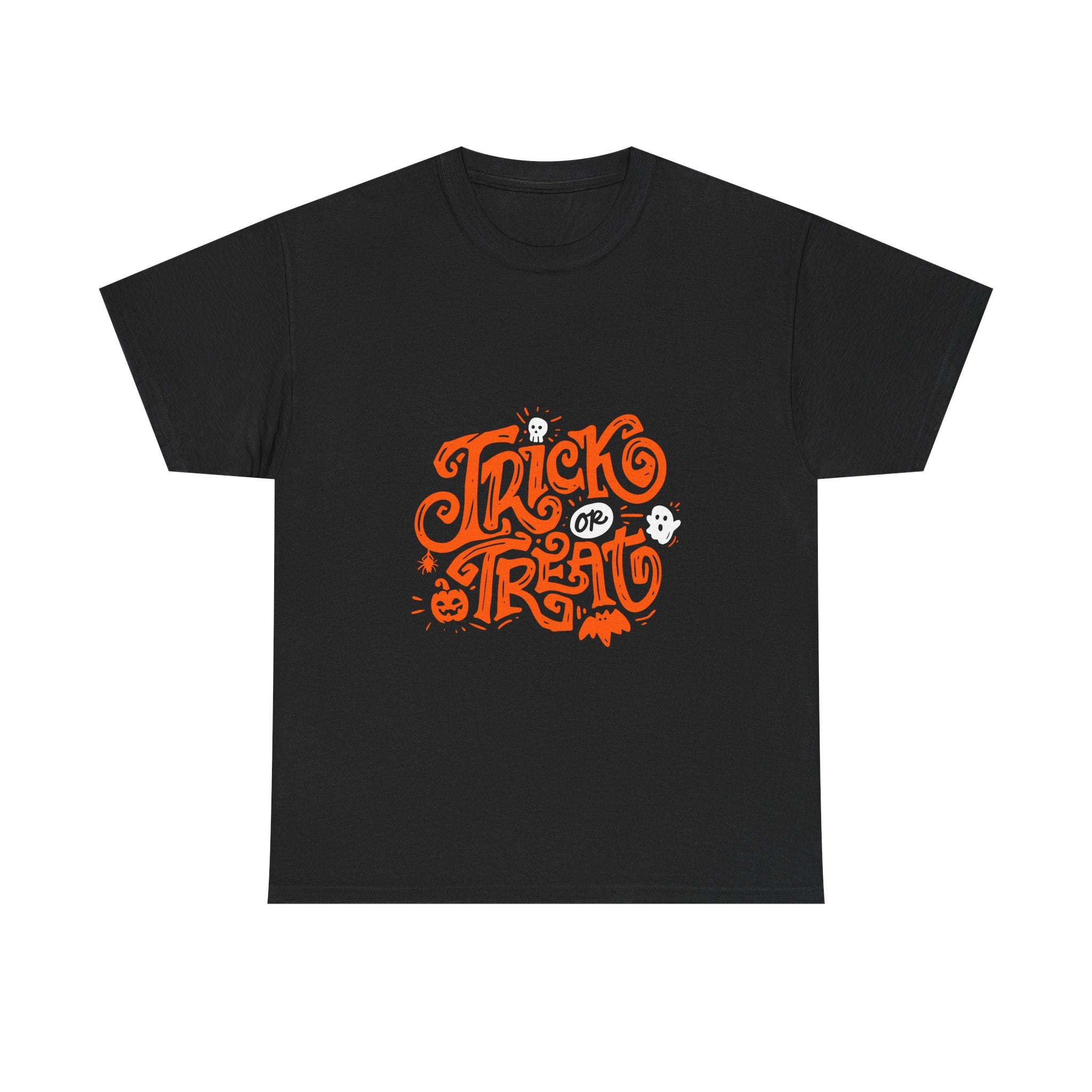 Trick or Treat Heavy Cotton Tee, Halloween Gift Shirt, Unisex Black T-Shirt, Spooky Costume Top, Fall Celebration Apparel