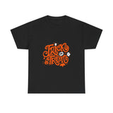 Trick or Treat Heavy Cotton Tee, Halloween Gift Shirt, Unisex Black T-Shirt, Spooky Costume Top, Fall Celebration Apparel - Conscience Garment