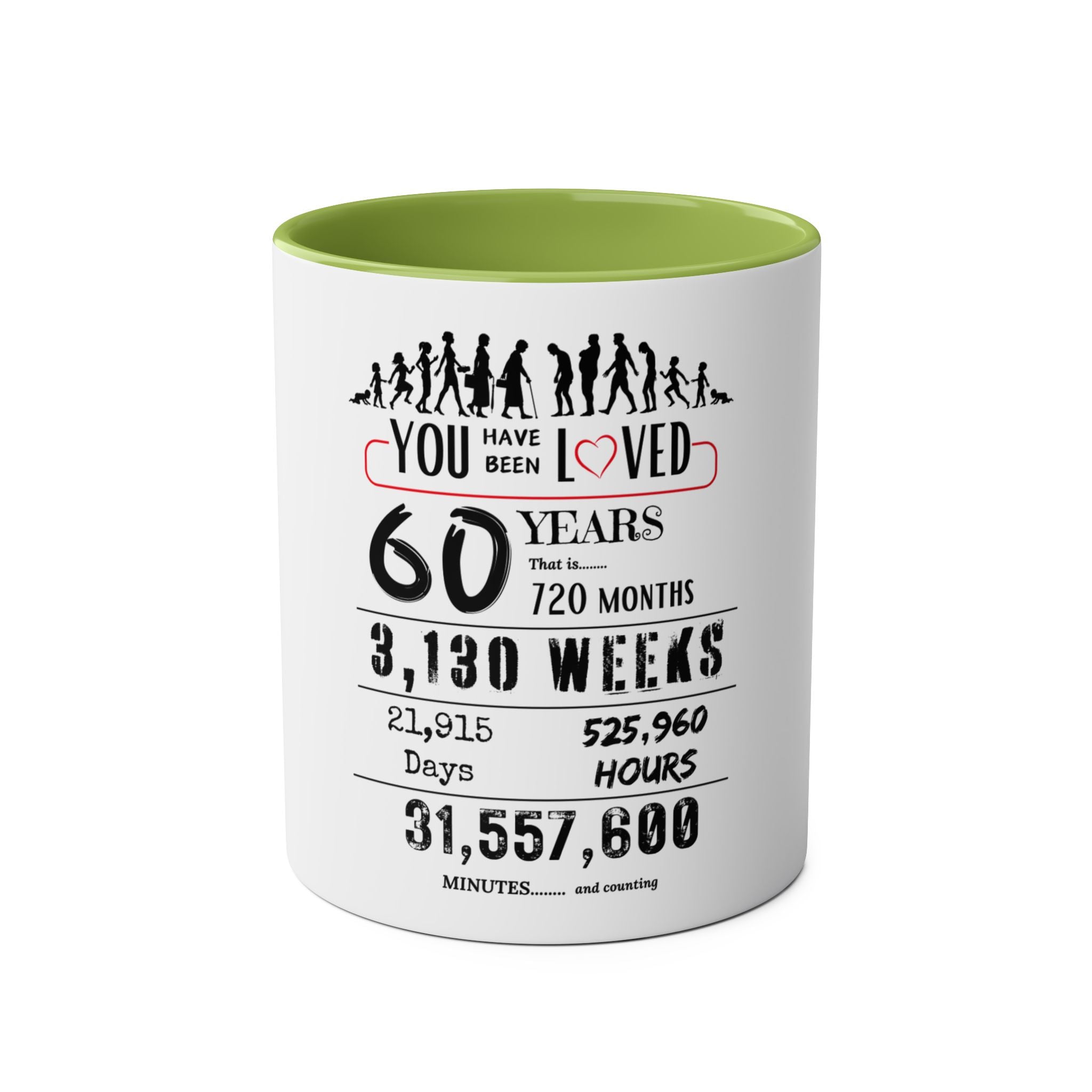 Happy 60th Birthday Gift, Mugs, 2 tone, Boys, Girls, Men, Women, Funny, Age, Facts, Years, Months, Weeks, Days, Hours, Minutes