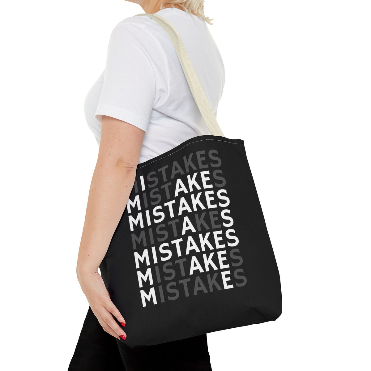 Mistakes Repeat Pattern Tote Bag — Black Typography Shopper