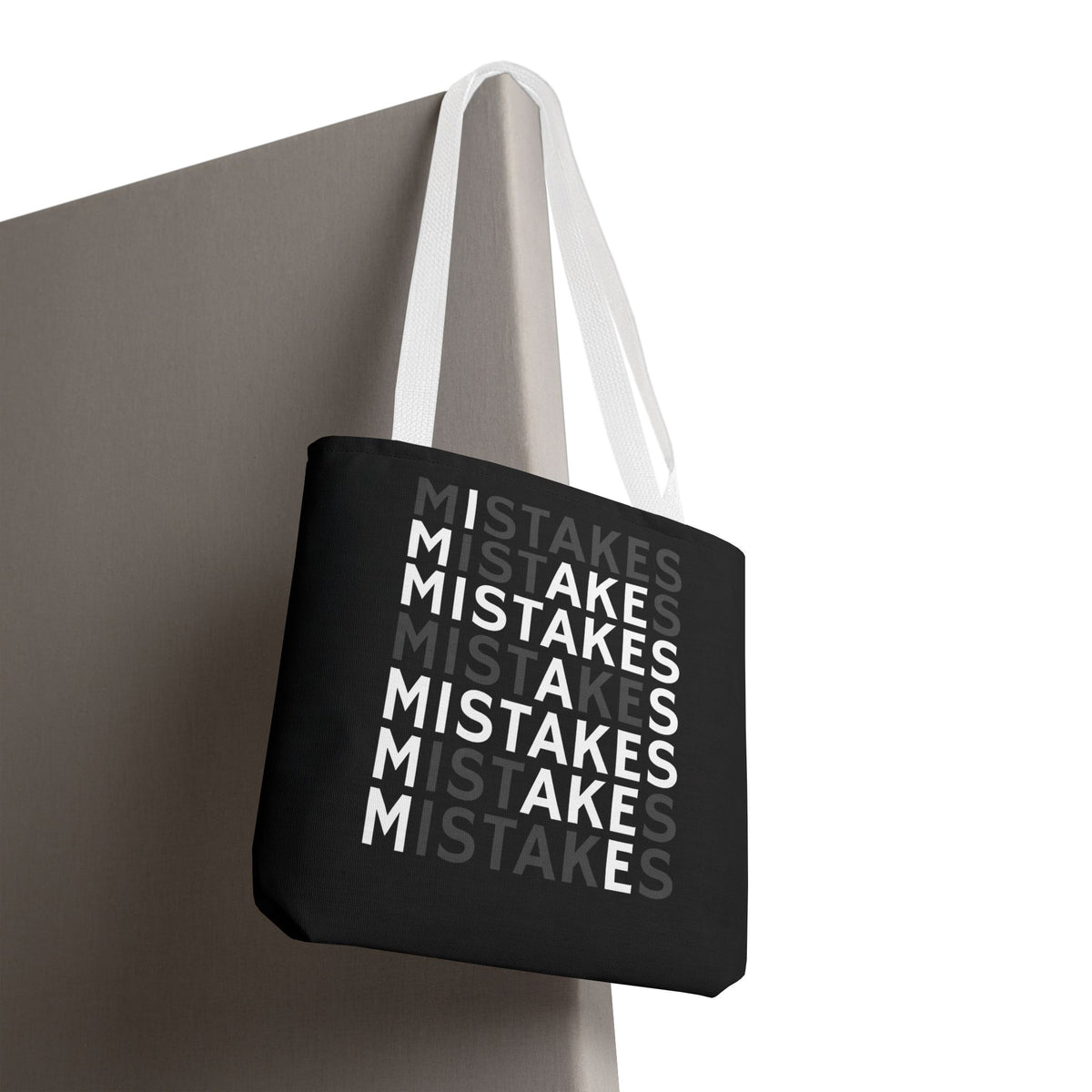 Mistakes Repeat Pattern Tote Bag — Black Typography Shopper