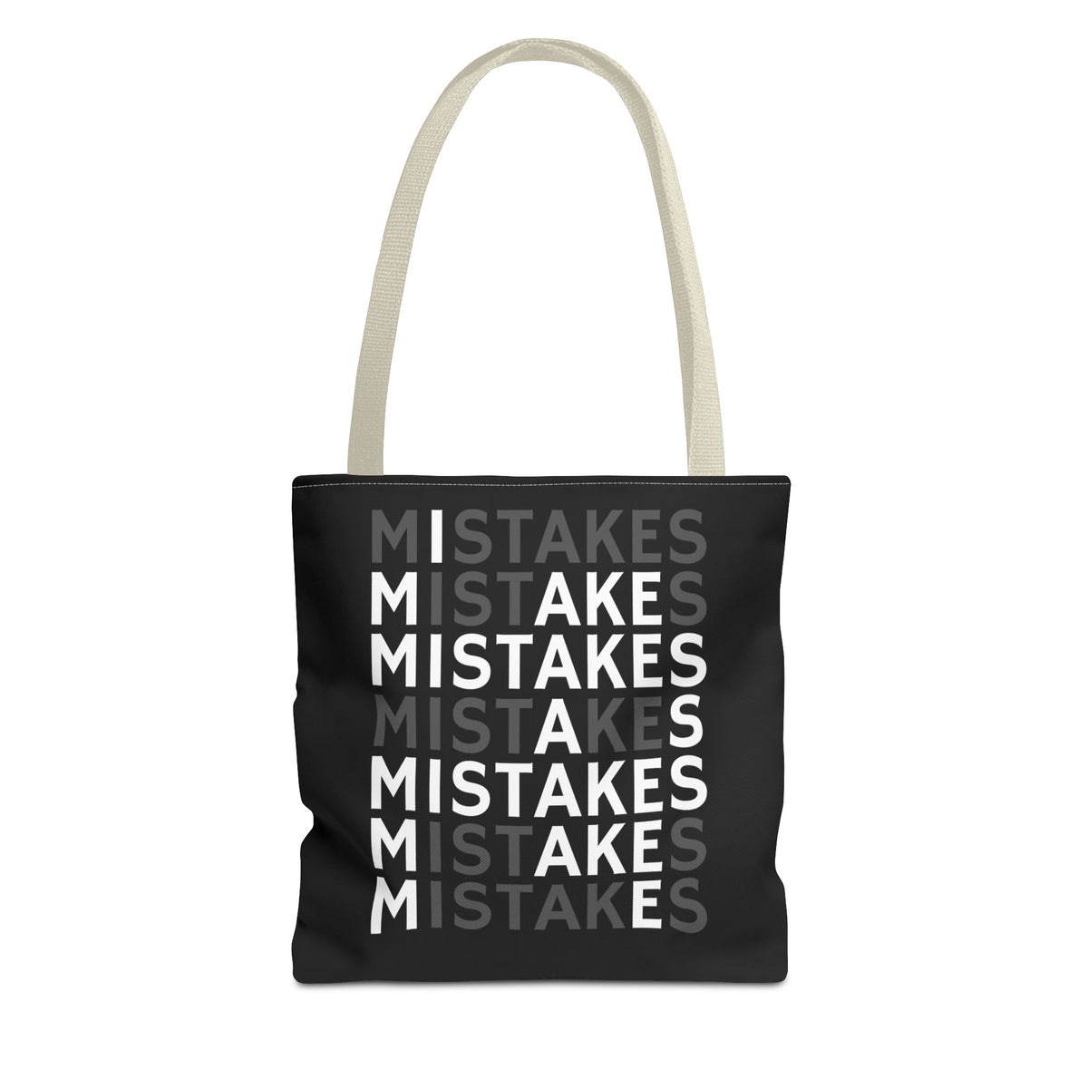 Mistakes Repeat Pattern Tote Bag — Black Typography Shopper