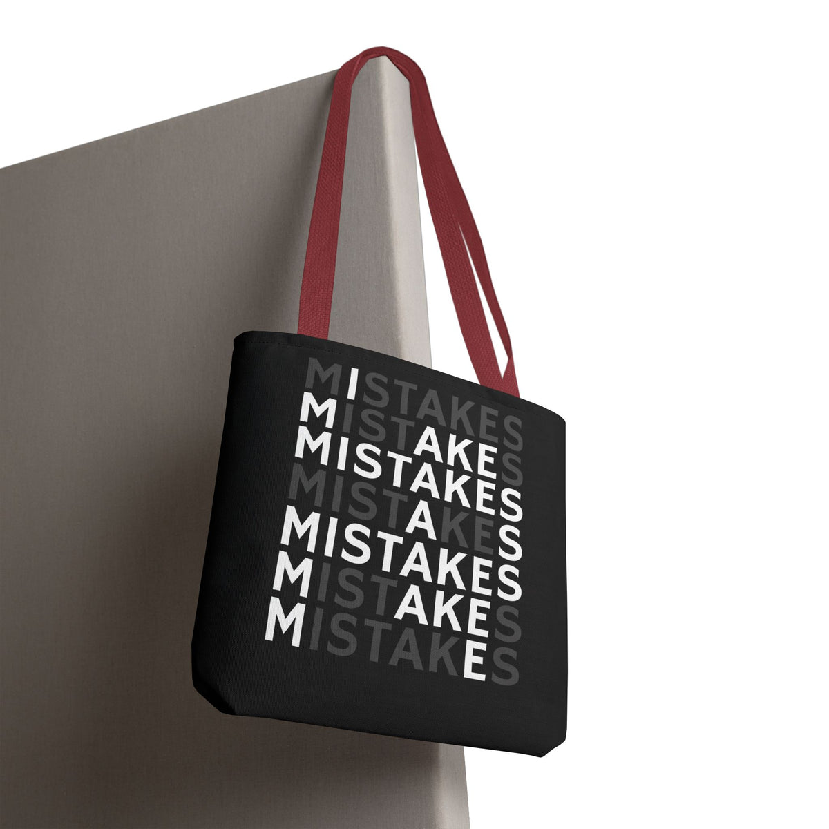 Mistakes Repeat Pattern Tote Bag — Black Typography Shopper