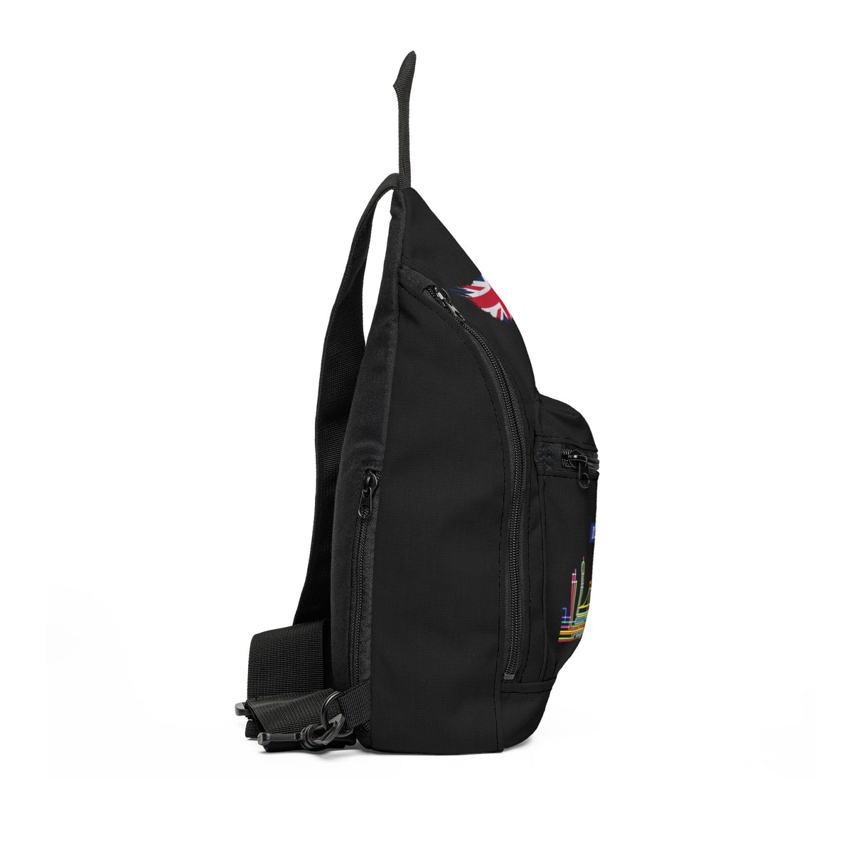 Mind the Gap London Sling Bag — Neon Skyline & Union Jack Travel Crossbody