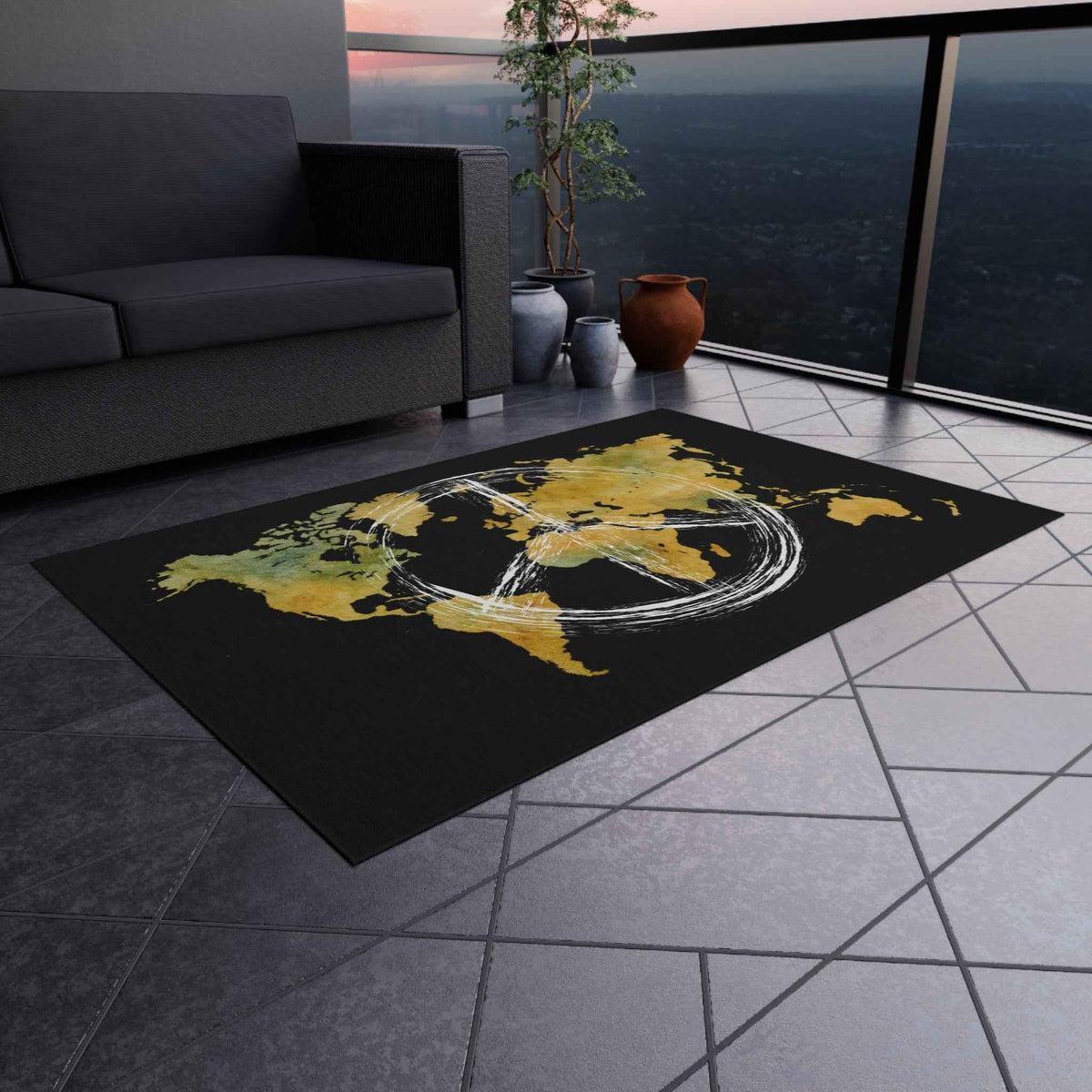 Peace World Map Outdoor Rug — Watercolor Earth & Peace Symbol Doormat