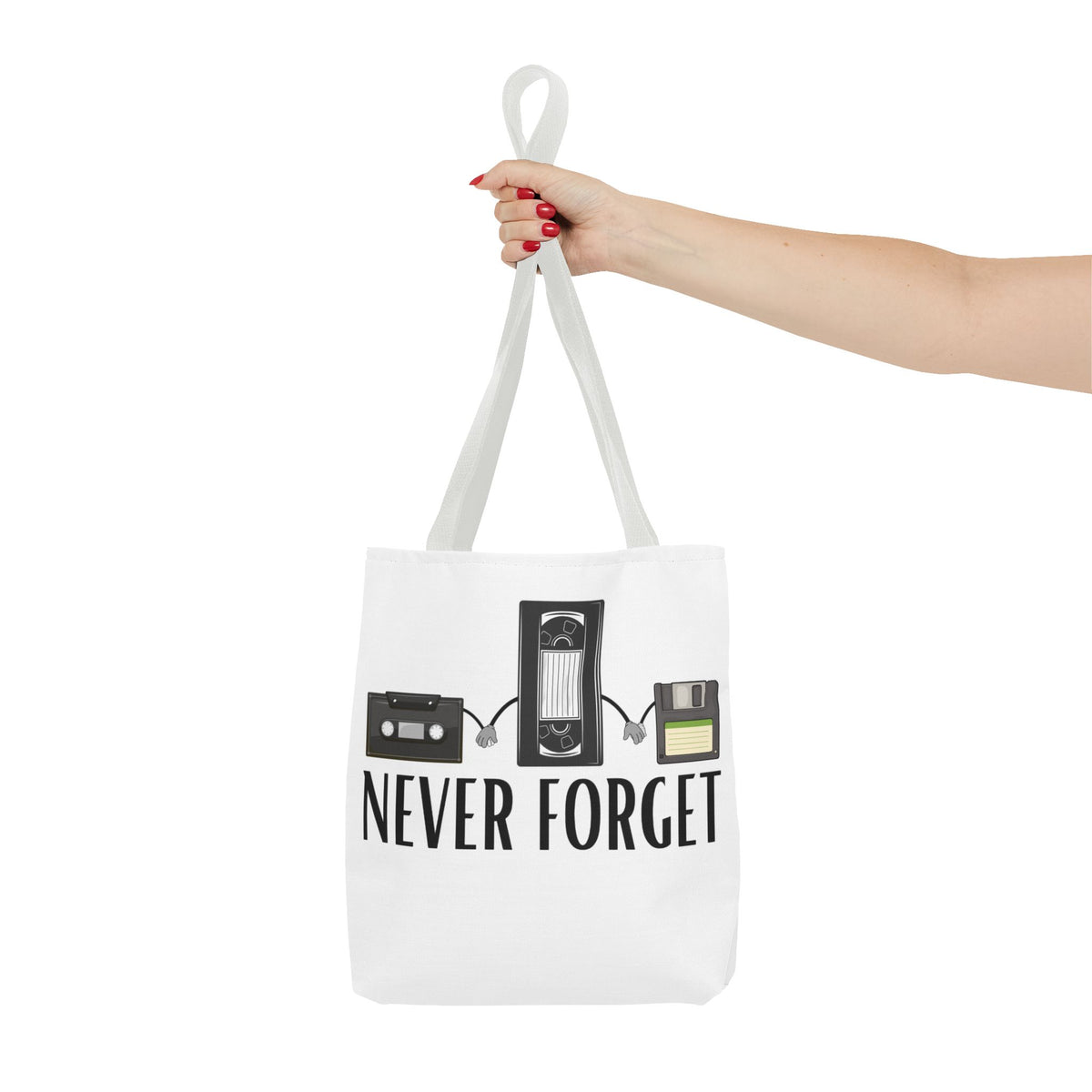 Retro Media 'Never Forget' Tote Bag — Vintage Cassette, VHS & Floppy Design