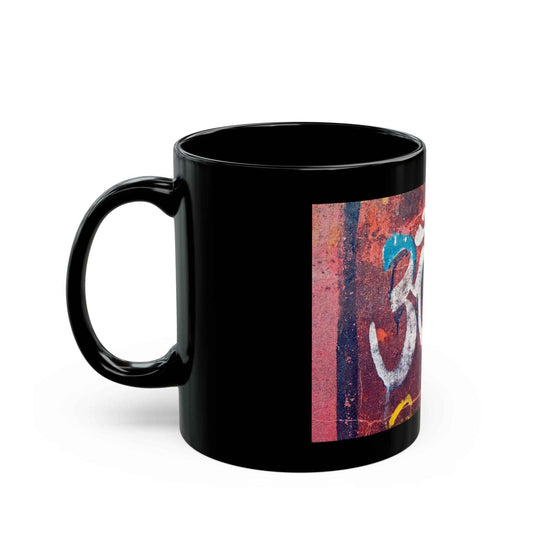 OM Symbol Black Ceramic Mug — Vintage Red Sanskrit Prayer Design (11oz/15oz)