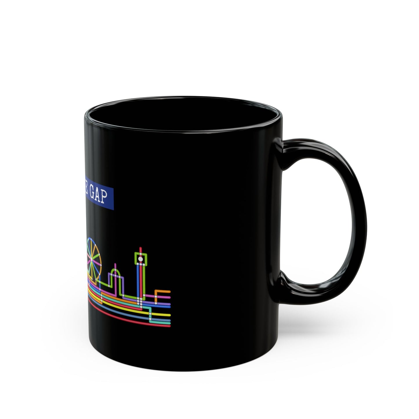 Mind The Gap Black Mug — Neon London Skyline 11oz/15oz