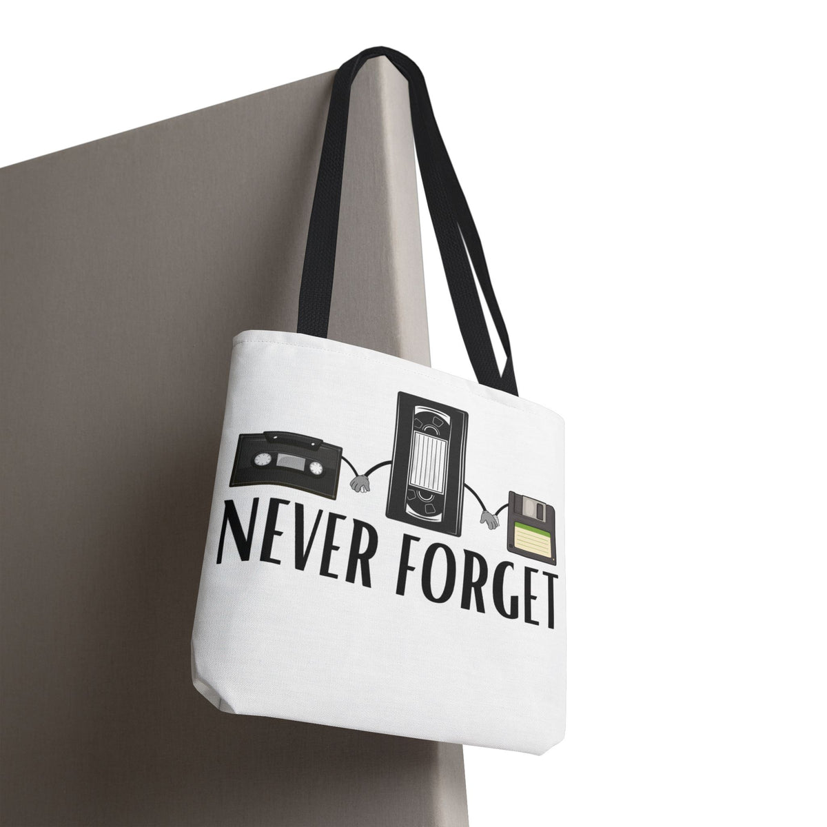 Retro Media 'Never Forget' Tote Bag — Vintage Cassette, VHS & Floppy Design
