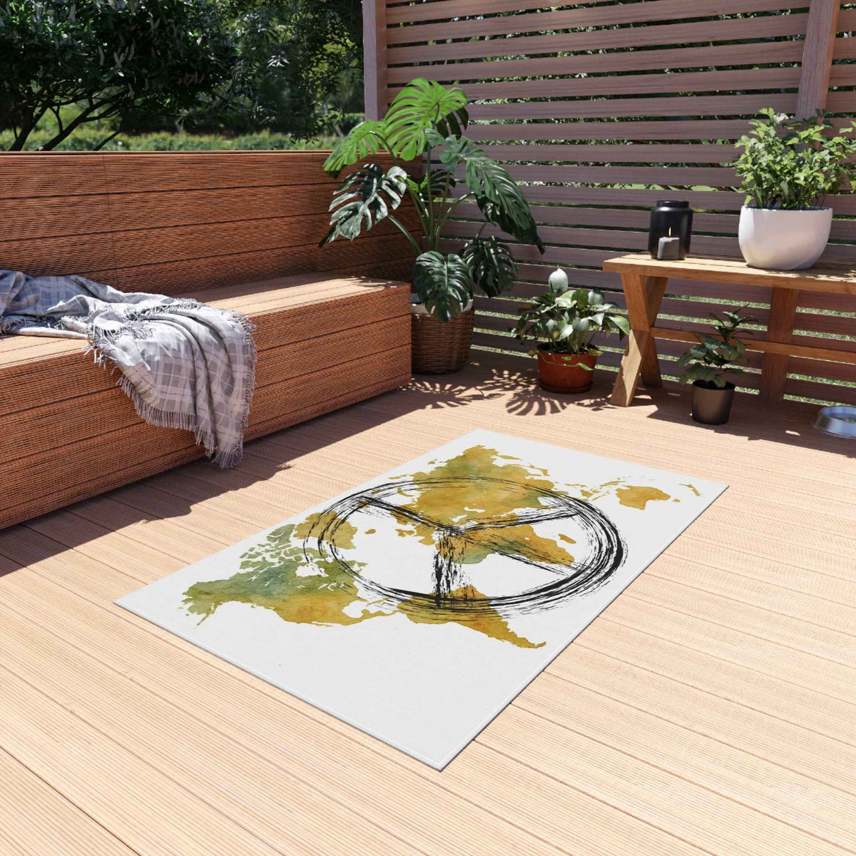 Peace World Map Outdoor Rug — Watercolor Earth & Peace Symbol Doormat