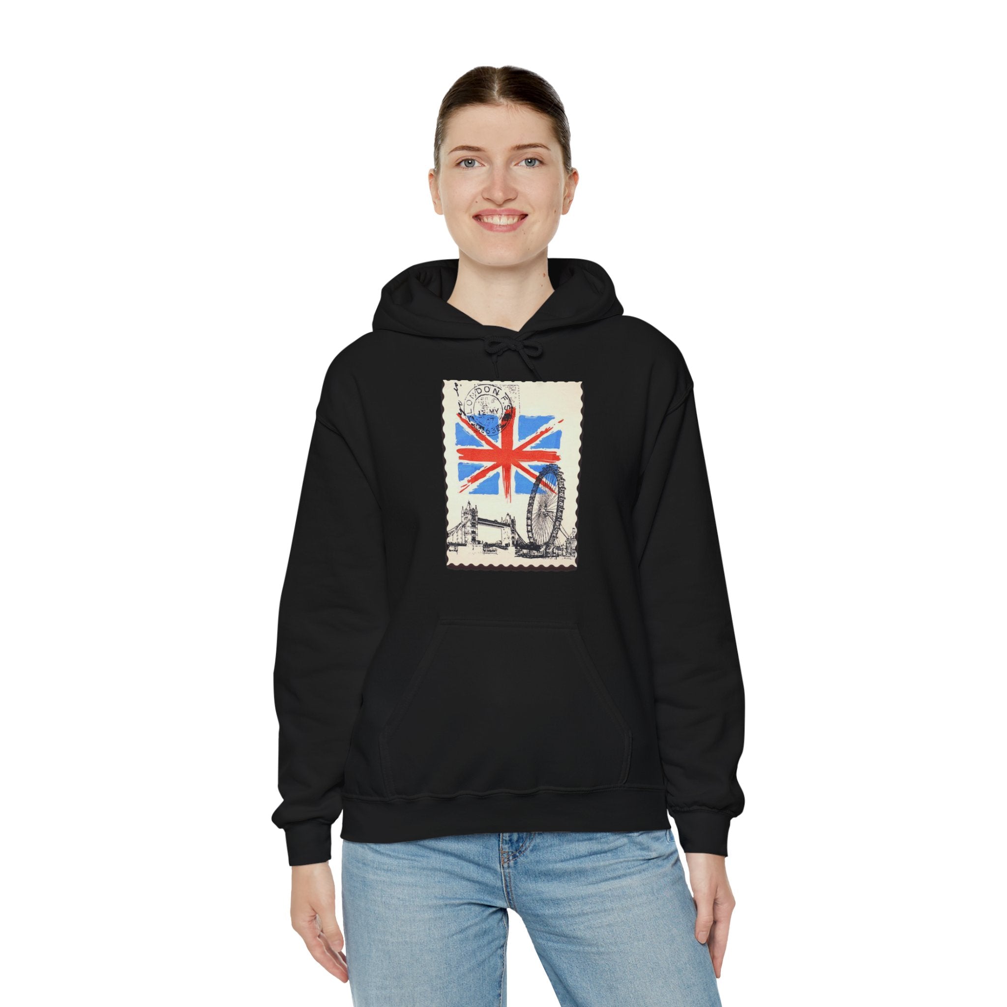 England Hoodie, Unisex,  White, UK, Stamp, British, Gift, Conscience Garment, London, Mindfulness, Inspiration, Black, White