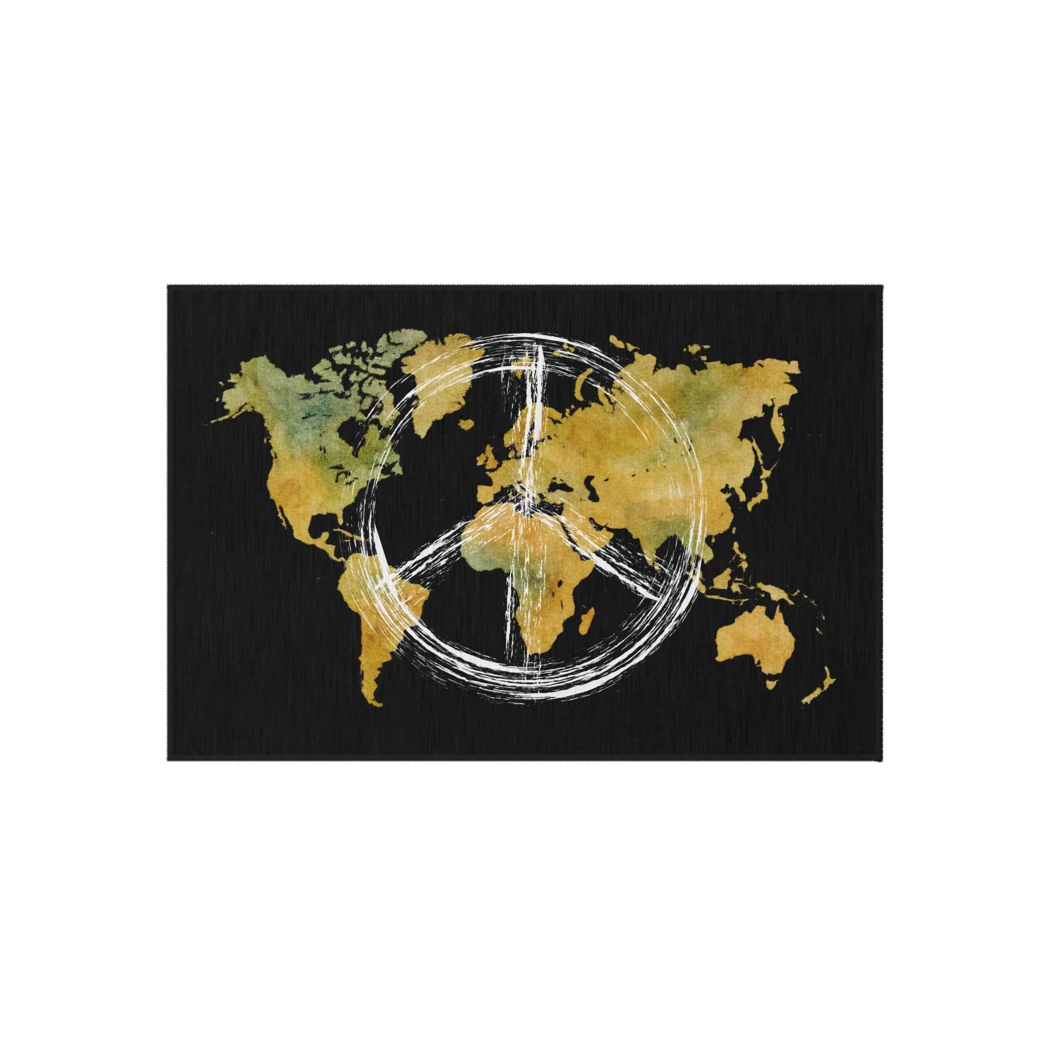 Peace World Map Outdoor Rug — Watercolor Earth & Peace Symbol Doormat