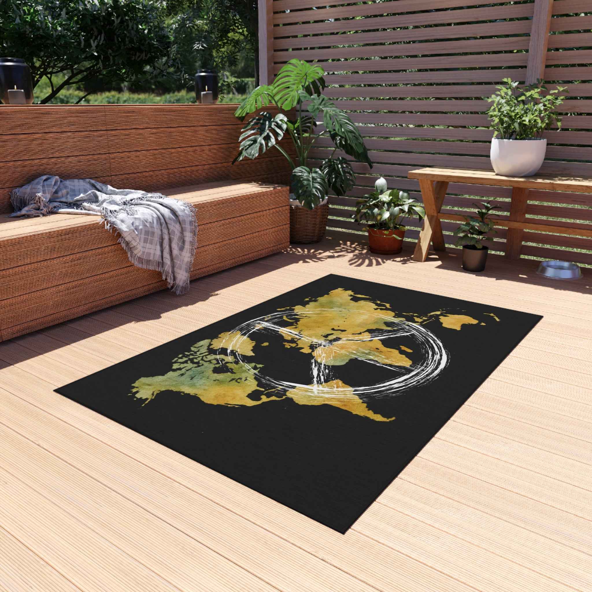 Peace World Map Outdoor Rug — Watercolor Earth & Peace Symbol Doormat