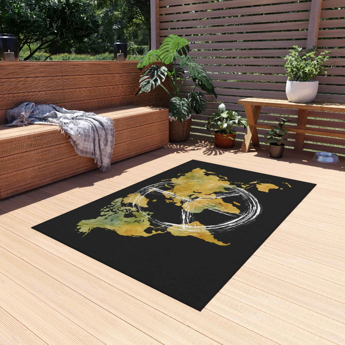 Peace World Map Outdoor Rug — Watercolor Earth & Peace Symbol Doormat