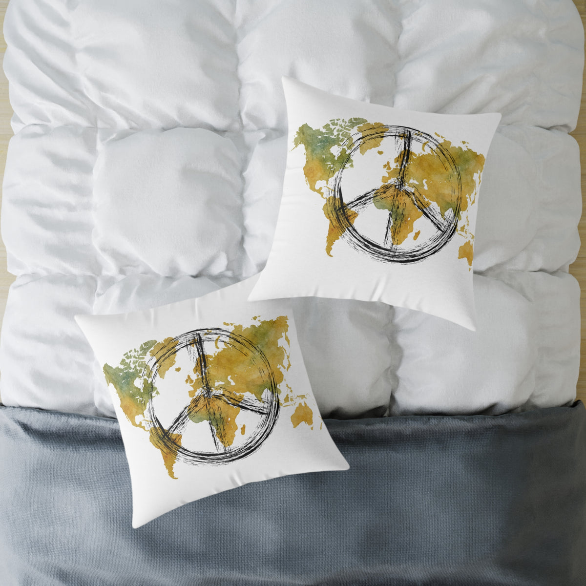 Peace Sign World Map Throw Pillow — Boho Travel Decorative Accent