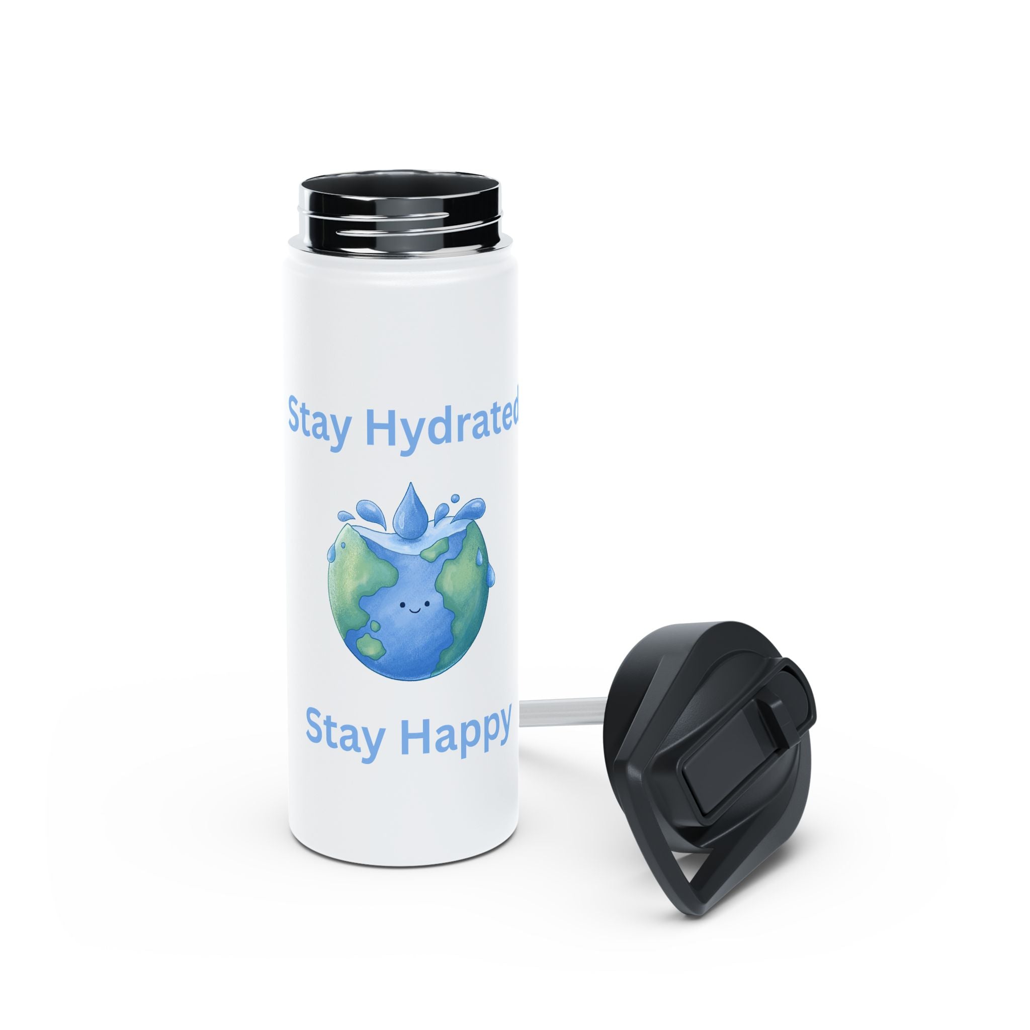 Stay Hydrated Stay Happy Stainless Steel Water Bottle — Cute Earth & Water Drop Design