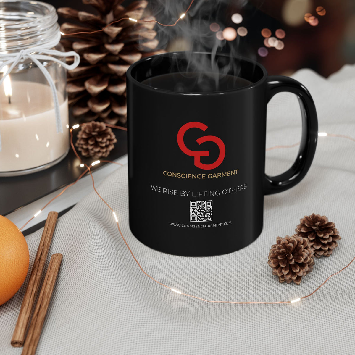 Empowering Black Mug - We Rise by Lifting Others, Unique Gift for Motivational Enthusiasts, Coffee Lovers, Inspirational Decor - Conscience Garment