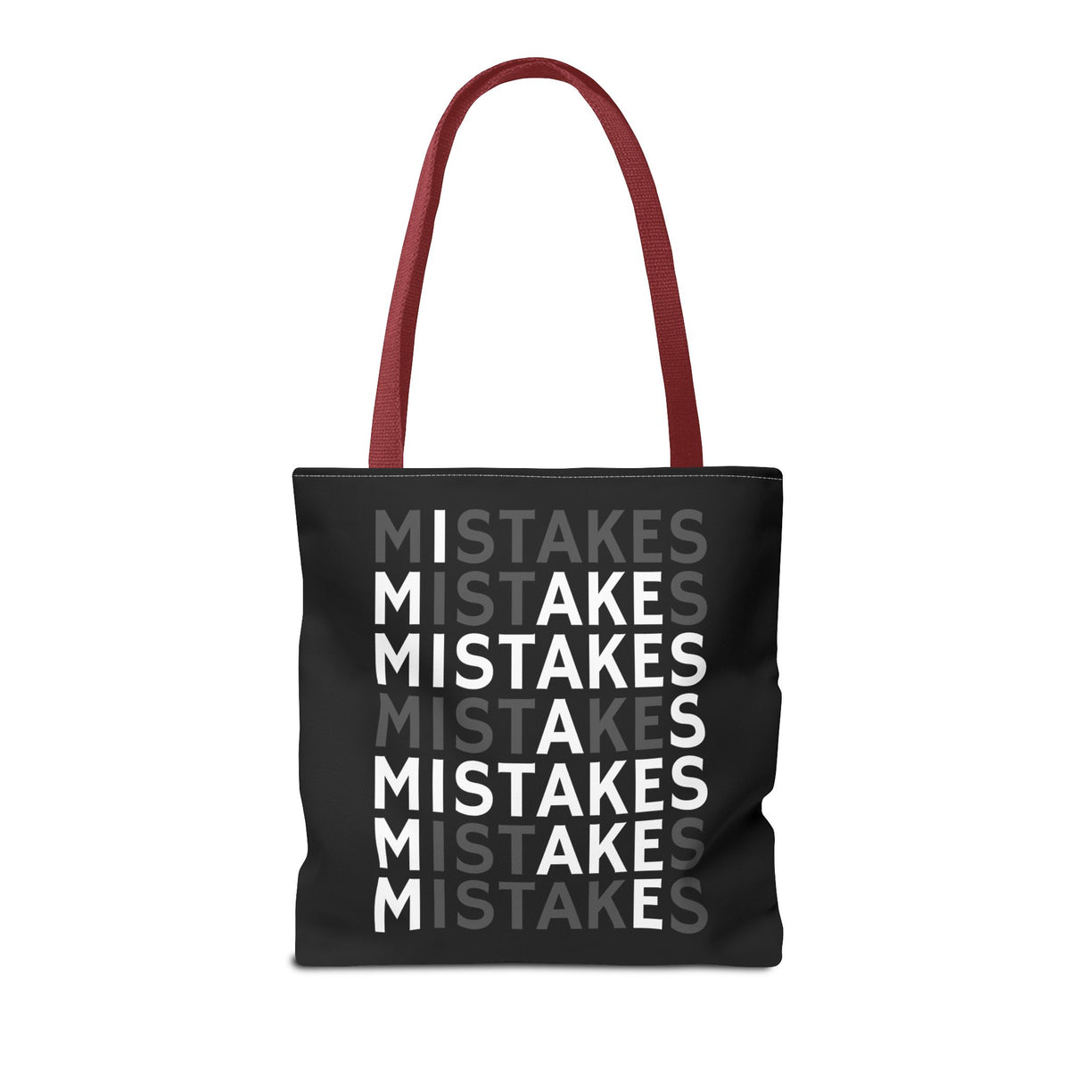 Mistakes Repeat Pattern Tote Bag — Black Typography Shopper
