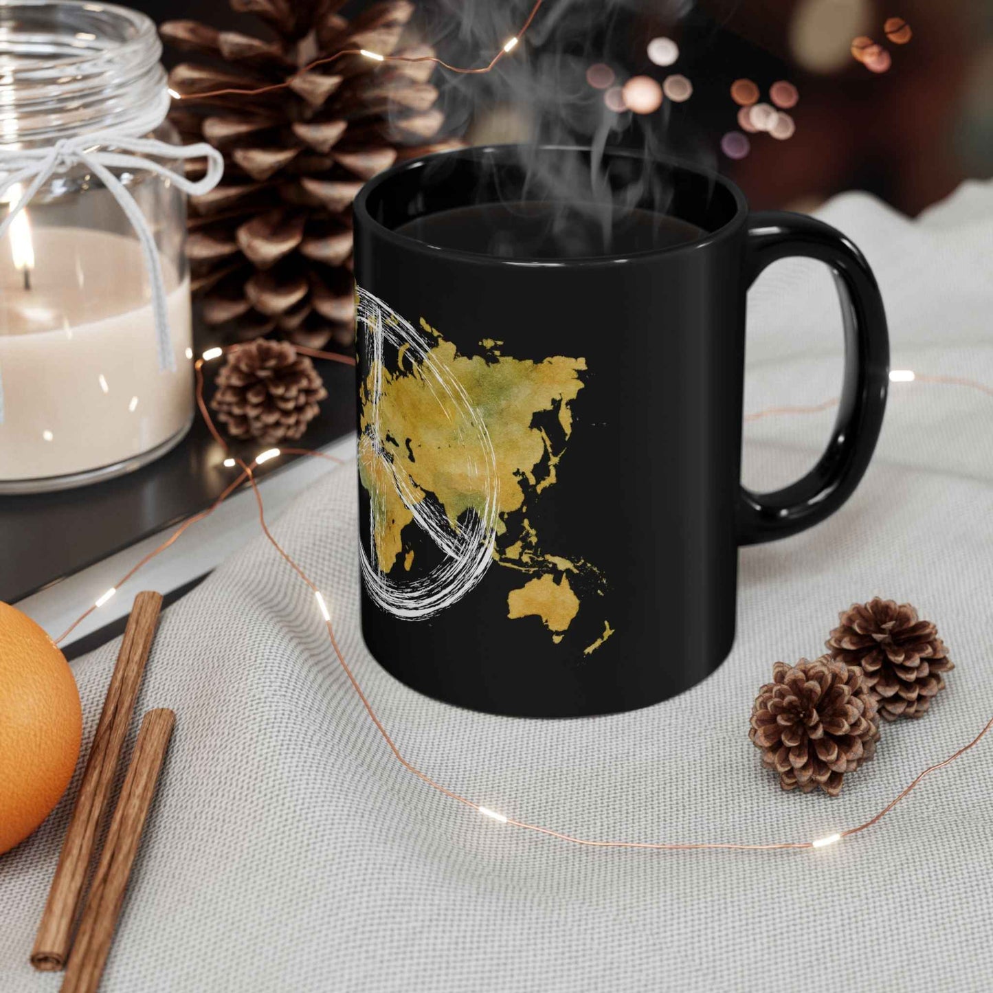 World Peace Earth Black Mug — Gold World Map with Peace Symbol (11oz/15oz)
