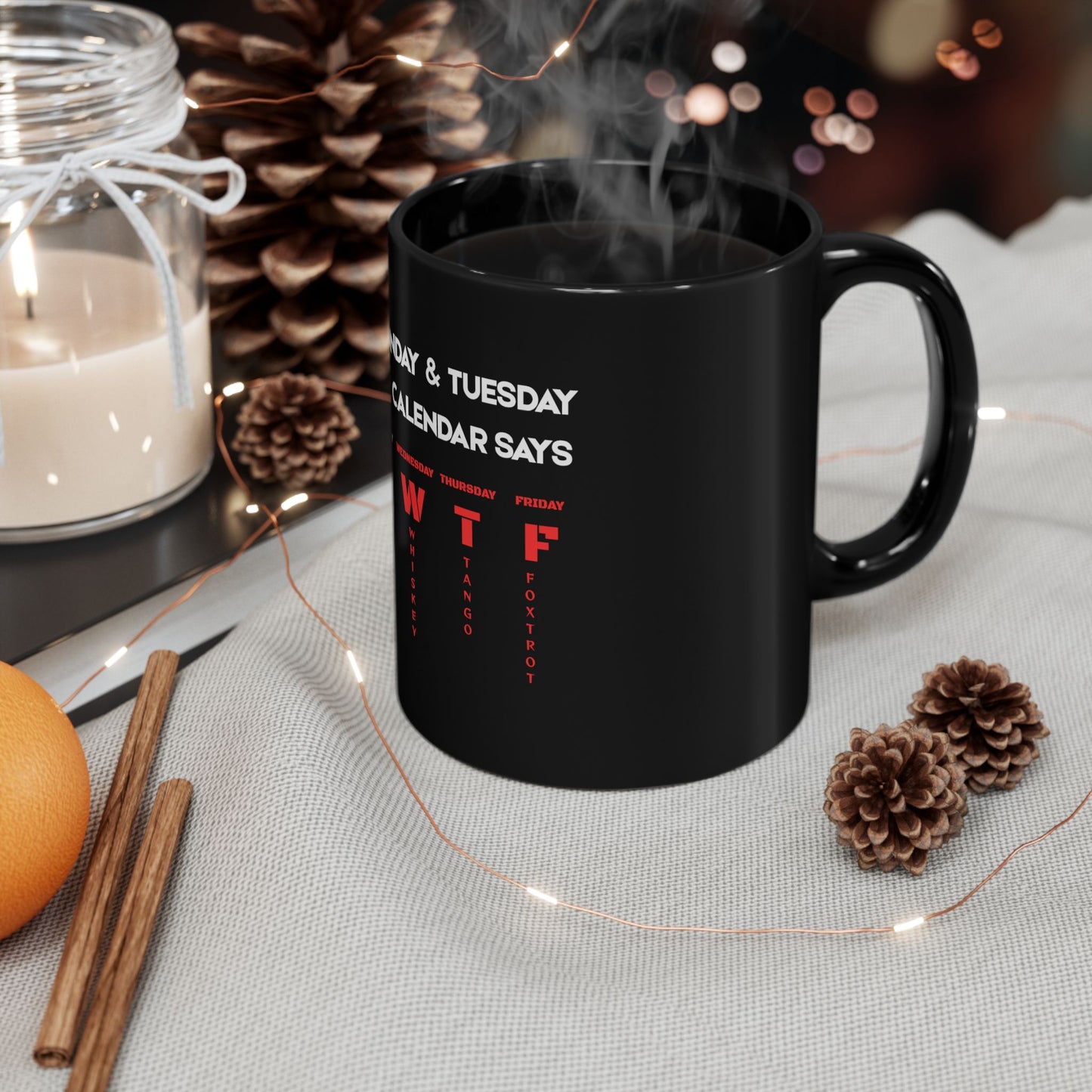 Funny 'After Monday & Tuesday Even The Calendar Says W T F' Black Coffee Mug — Novelty Office Gift