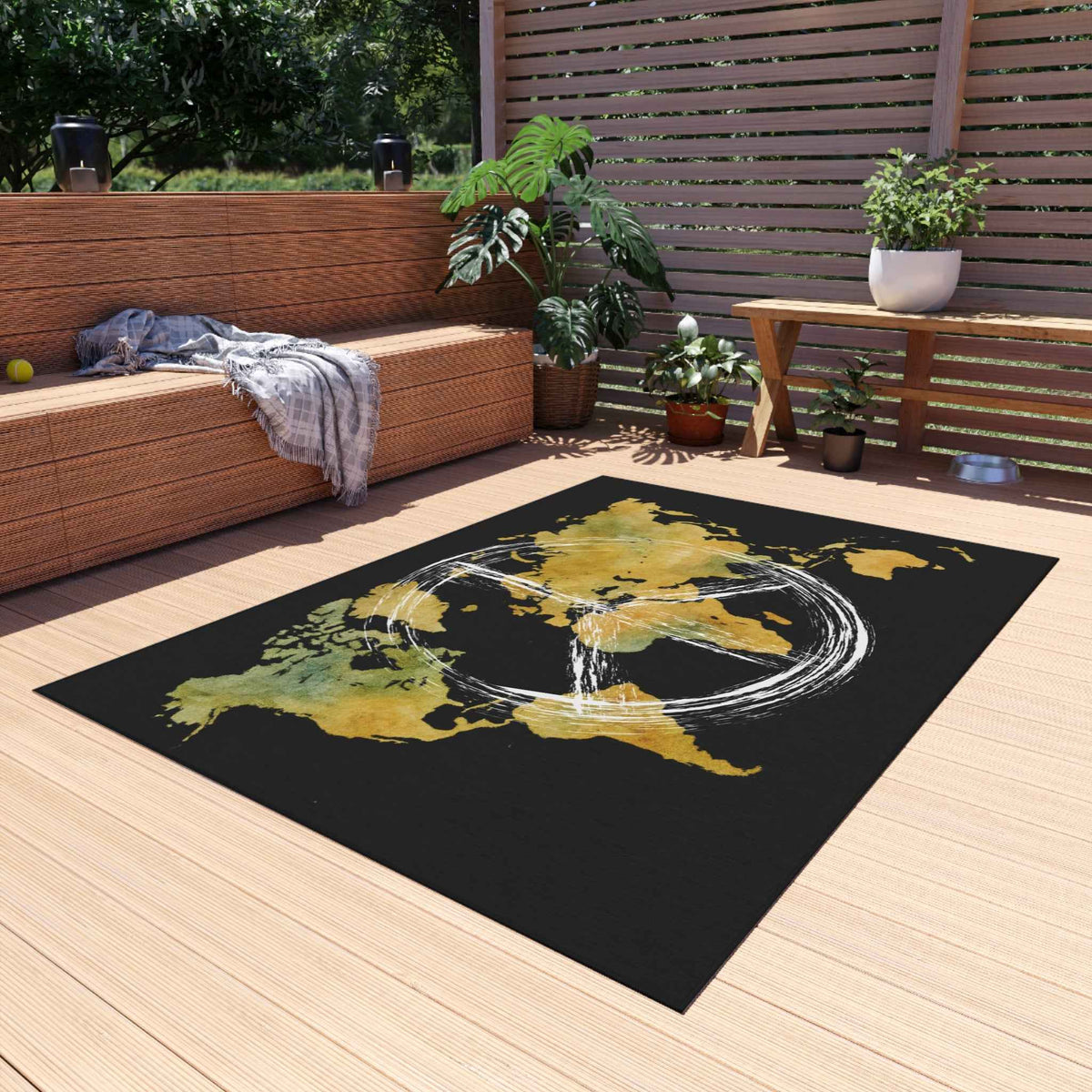 Peace World Map Outdoor Rug — Watercolor Earth & Peace Symbol Doormat