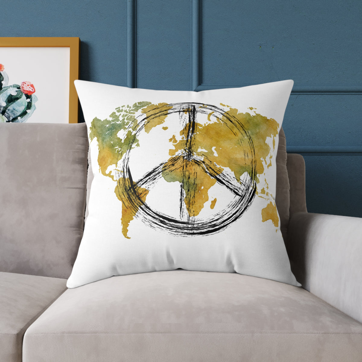 Peace Sign World Map Throw Pillow — Boho Travel Decorative Accent