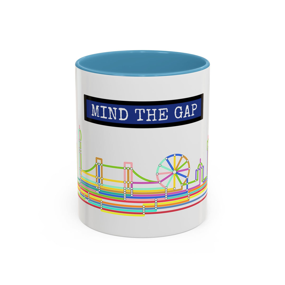 Mind the Gap Coffee Mug — Colorful City Skyline Accent Mug (11/15oz)