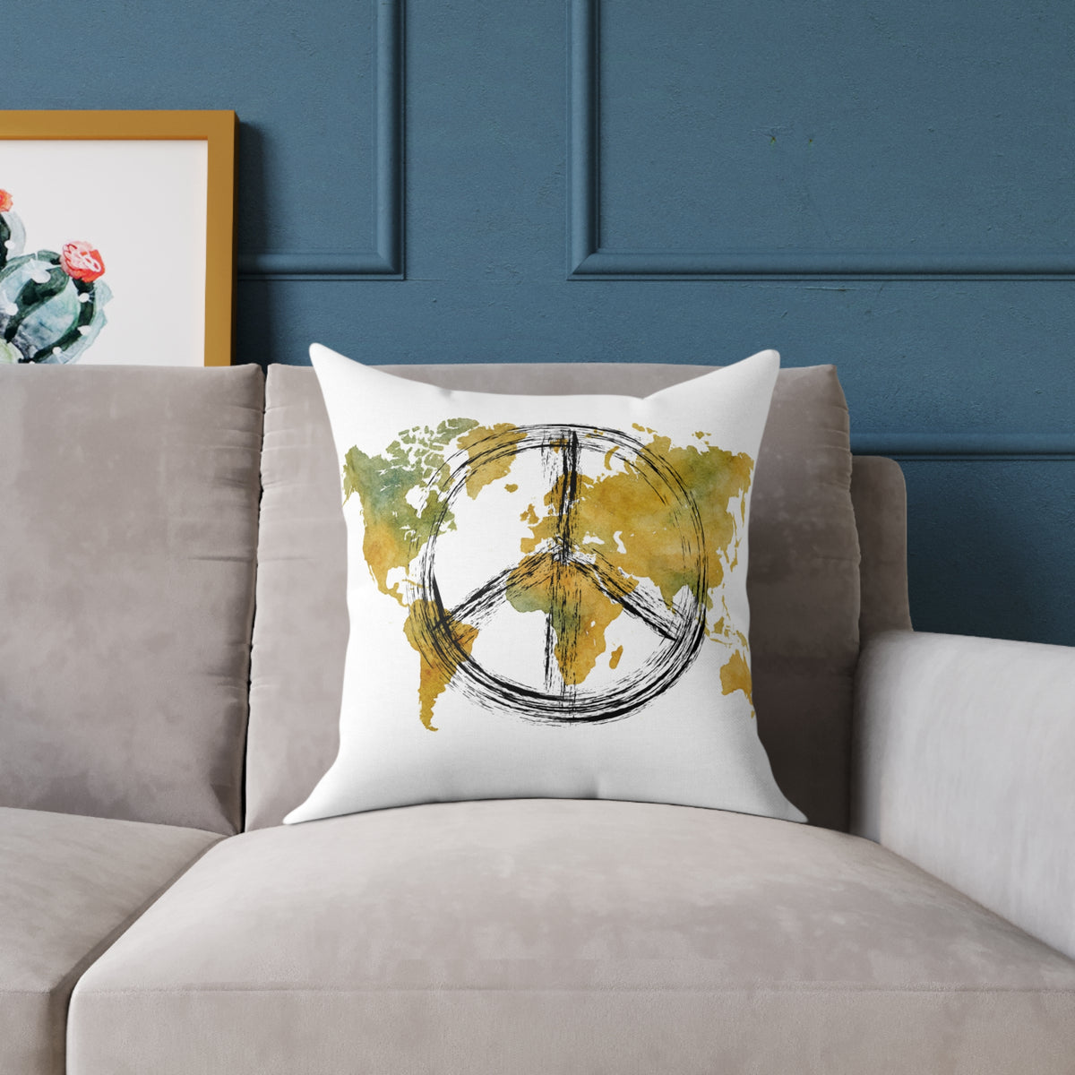 Peace Sign World Map Throw Pillow — Boho Travel Decorative Accent