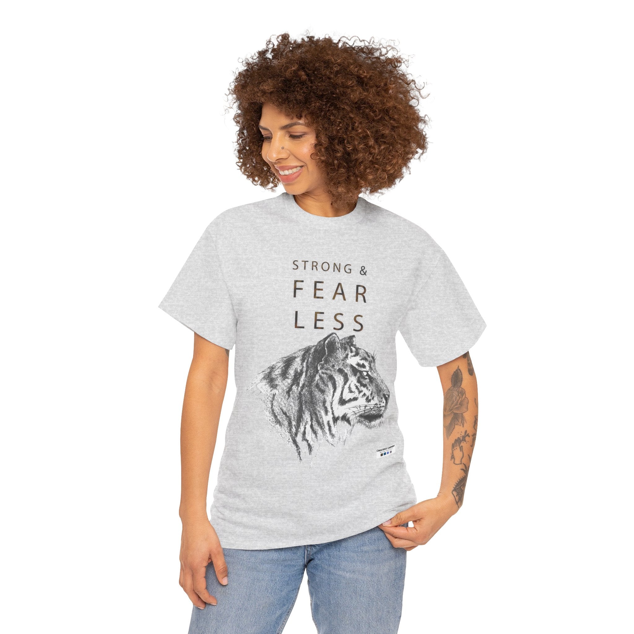 T Shirt, Unisex Heavy Cotton, White, Gift, Mindfulness, Inspiration, Motivation, Conscience Garment, Tiger, Fearless, Wild