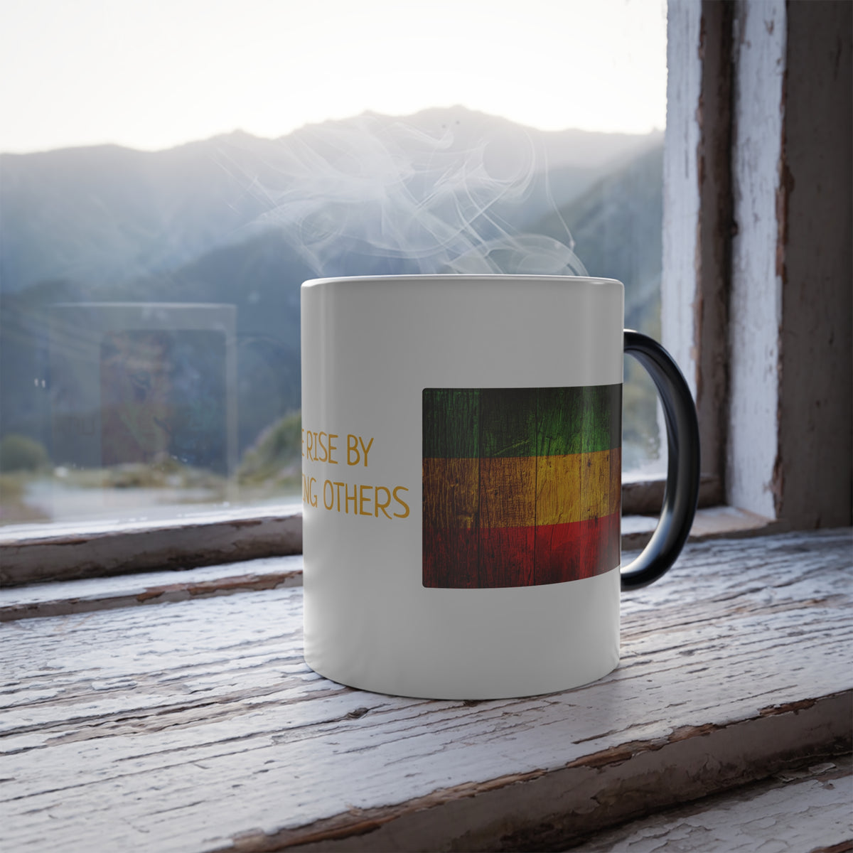 Color-Changing Mug "We Rise By Lifting Others" Inspirational Lion Design, 11 oz - Conscience Garment