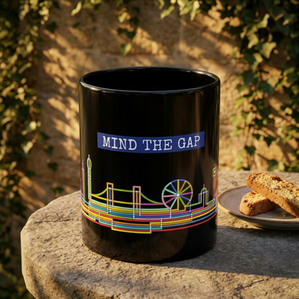 Mind The Gap Black Mug — Neon London Skyline 11oz/15oz